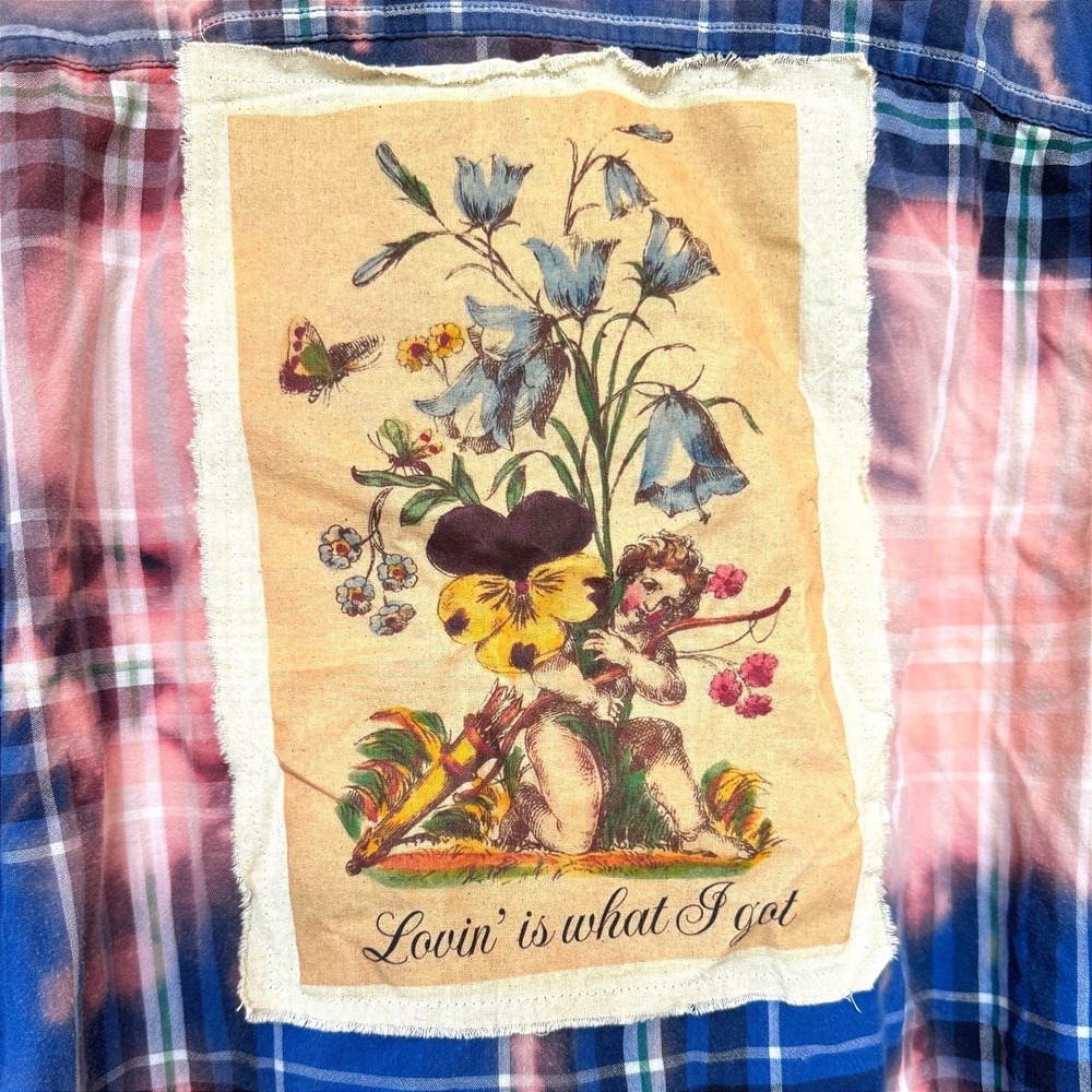Lovin' Is What I Got" Bleached Cotton Flannel Shirt Large Folk Art - Picture 2 of 9